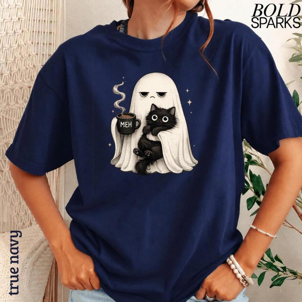 Funny Halloween Coffee Lover, Ghost Cat Spooky Black Cat T-Shirt